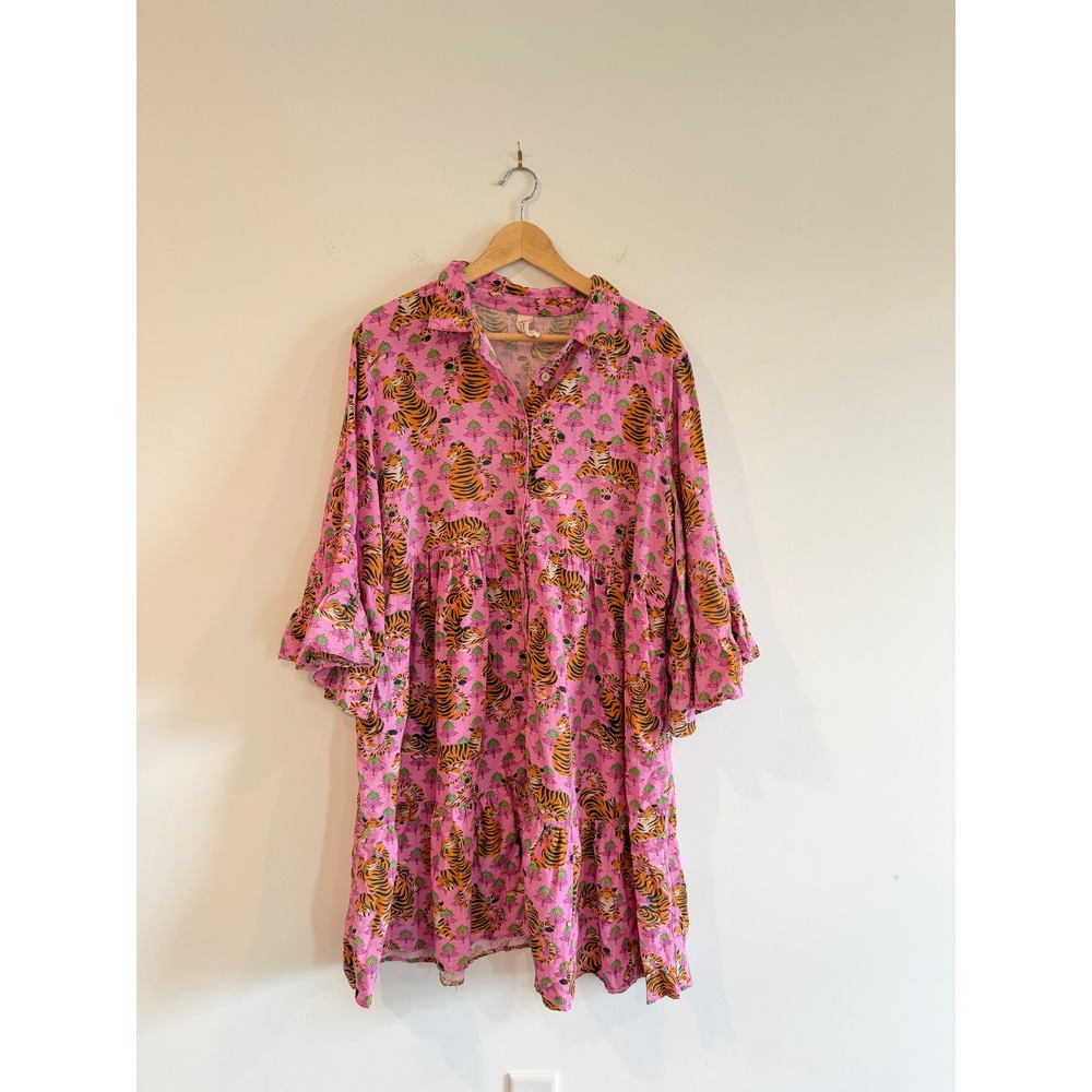 Uncle Frank Go Tiger Pink Tiered Babydoll Dress XL Bell Sleeve Pockets